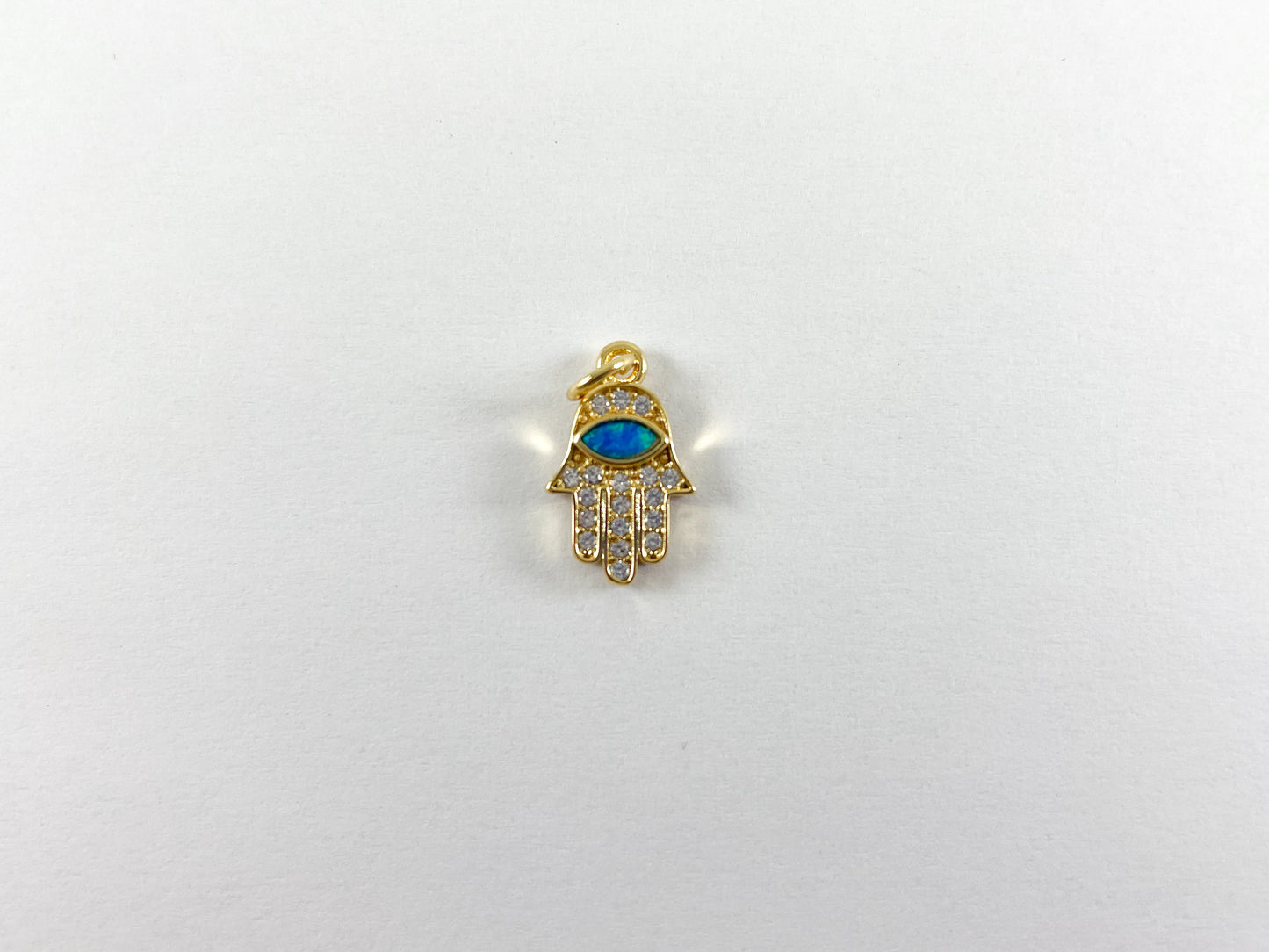 18K Gold Plated Micro CZ Pave Rhinestone Japanese Opal Hamsa Hand Pendant Charm Over Brass 5pcs