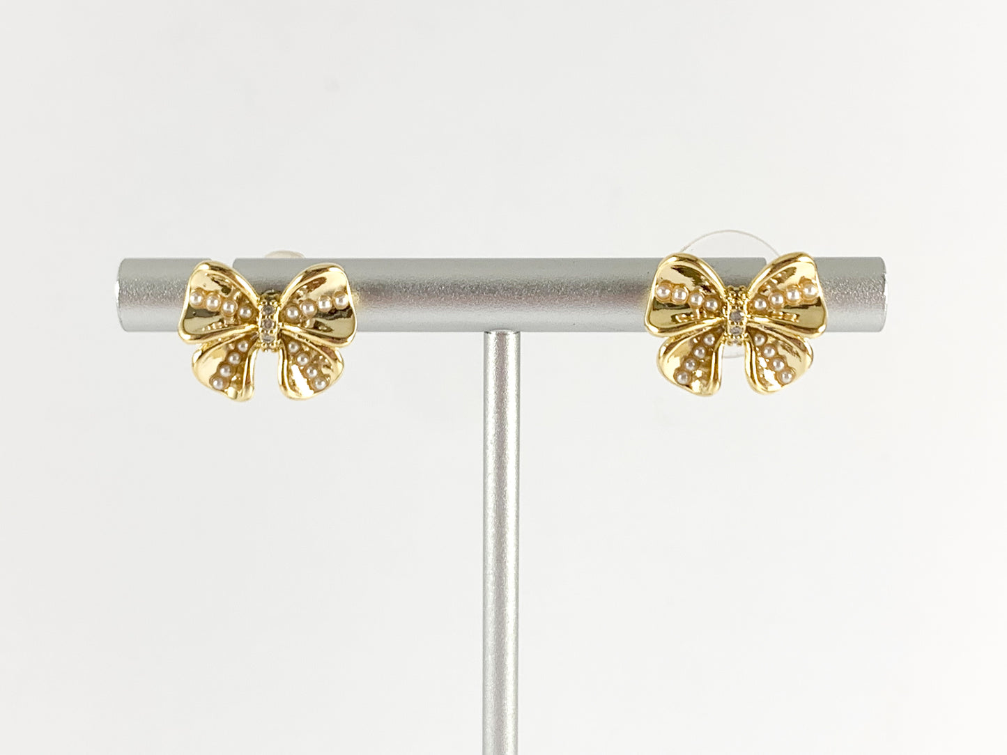 Cute Bowtie Studs with Pearls and CZ Pave in 18K Gold or Silver plated Copper 4 pairs
