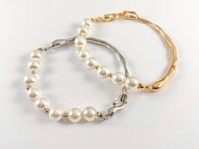 Load image into Gallery viewer, Luxurious Pearl Bracelets - Stretchy Pearl Gold Plated Curved Bar Bracelets in 18K Gold or Silver Plated over Copper 1 pc
