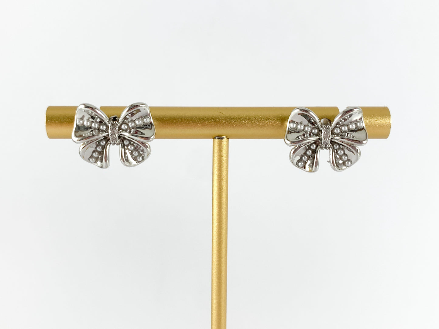 Cute Bowtie Studs with Pearls and CZ Pave in 18K Gold or Silver plated Copper 4 pairs
