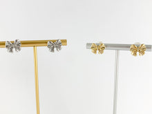 Load image into Gallery viewer, Cute Bowtie Studs with Pearls and CZ Pave in 18K Gold or Silver plated Copper 4 pairs
