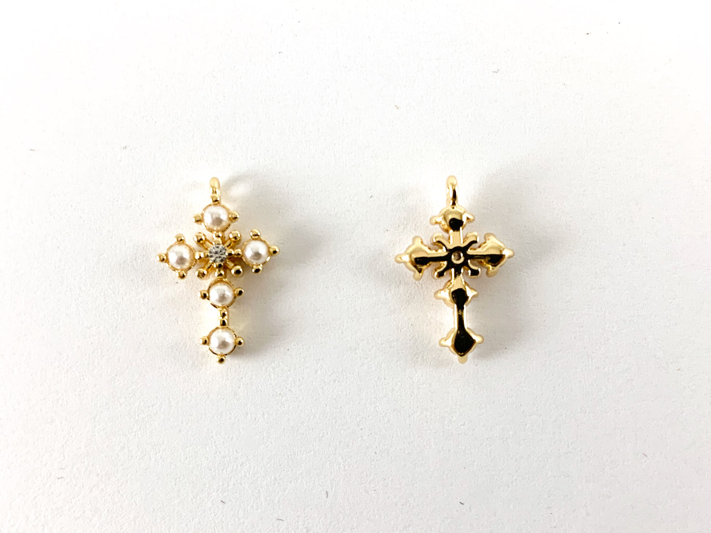 Real Gold 18K Plated Micro CZ Pave Tiny Pearl Cross Charm Over Brass 10pcs