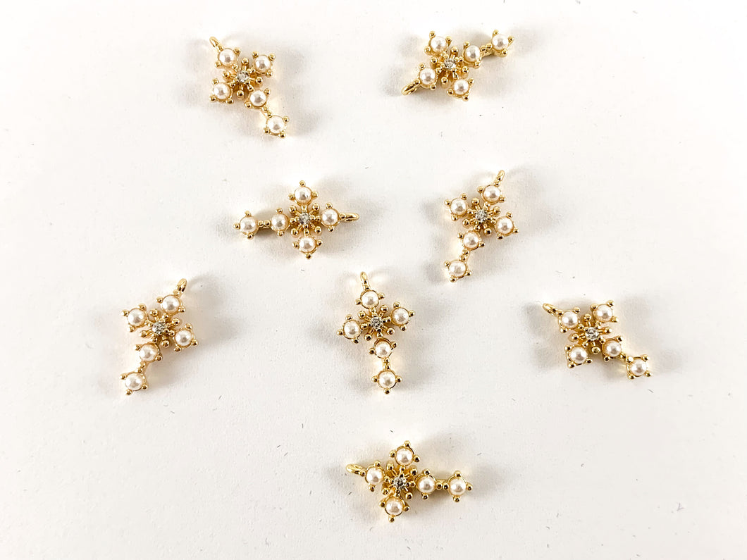 Real Gold 18K Plated Micro CZ Pave Tiny Pearl Cross Charm Over Brass 10pcs