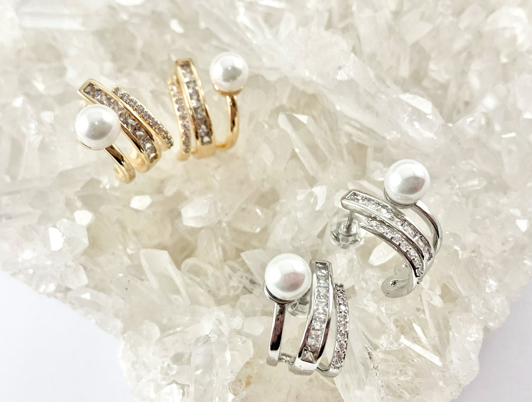 Sophisticated Pearl Wrap Earrings in CZ Pave Rhinestones 18K gold or silver plated Copper 3 pairs