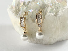 Load image into Gallery viewer, 18K Gold/Silver Plated CZ Pave Baguette Dainty Pearl Drop Earring Over Copper 3 pairs
