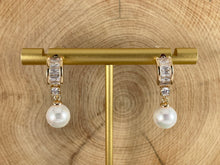 Load image into Gallery viewer, 18K Gold/Silver Plated CZ Pave Baguette Dainty Pearl Drop Earring Over Copper 3 pairs
