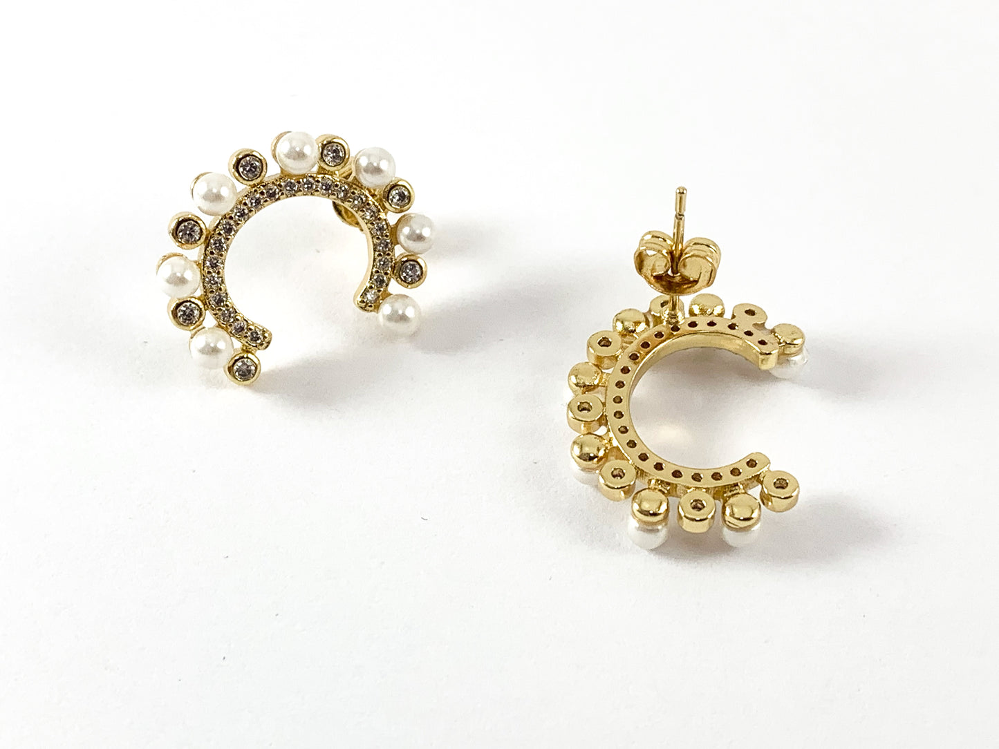 Real Gold 18K Micro CZ Pave Rhinestone Pearl C Half Circle Elegant Earrings 3pairs
