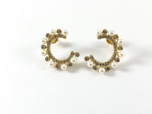 Load image into Gallery viewer, Real Gold 18K Micro CZ Pave Rhinestone Pearl C Half Circle Elegant Earrings 3pairs
