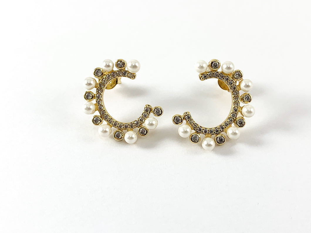 Pendientes elegantes de oro real de 18 quilates con micro circonita cúbica y perlas de diamantes de imitación C, 3 pares