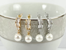 Load image into Gallery viewer, 18K Gold/Silver Plated CZ Pave Baguette Dainty Pearl Drop Earring Over Copper 3 pairs
