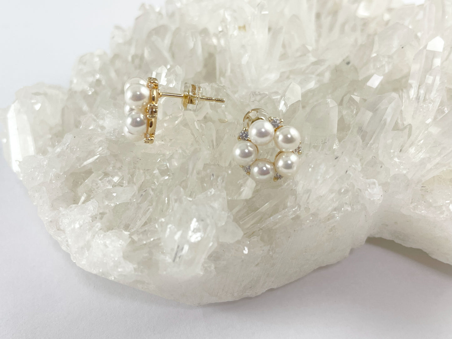 18K Gold Plated CZ Pave Pearl Floral Stud Earring Over Copper 3 pairs