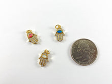 Load image into Gallery viewer, 18K Gold Plated Micro CZ Pave Rhinestone Japanese Opal Hamsa Hand Pendant Charm Over Brass 5pcs
