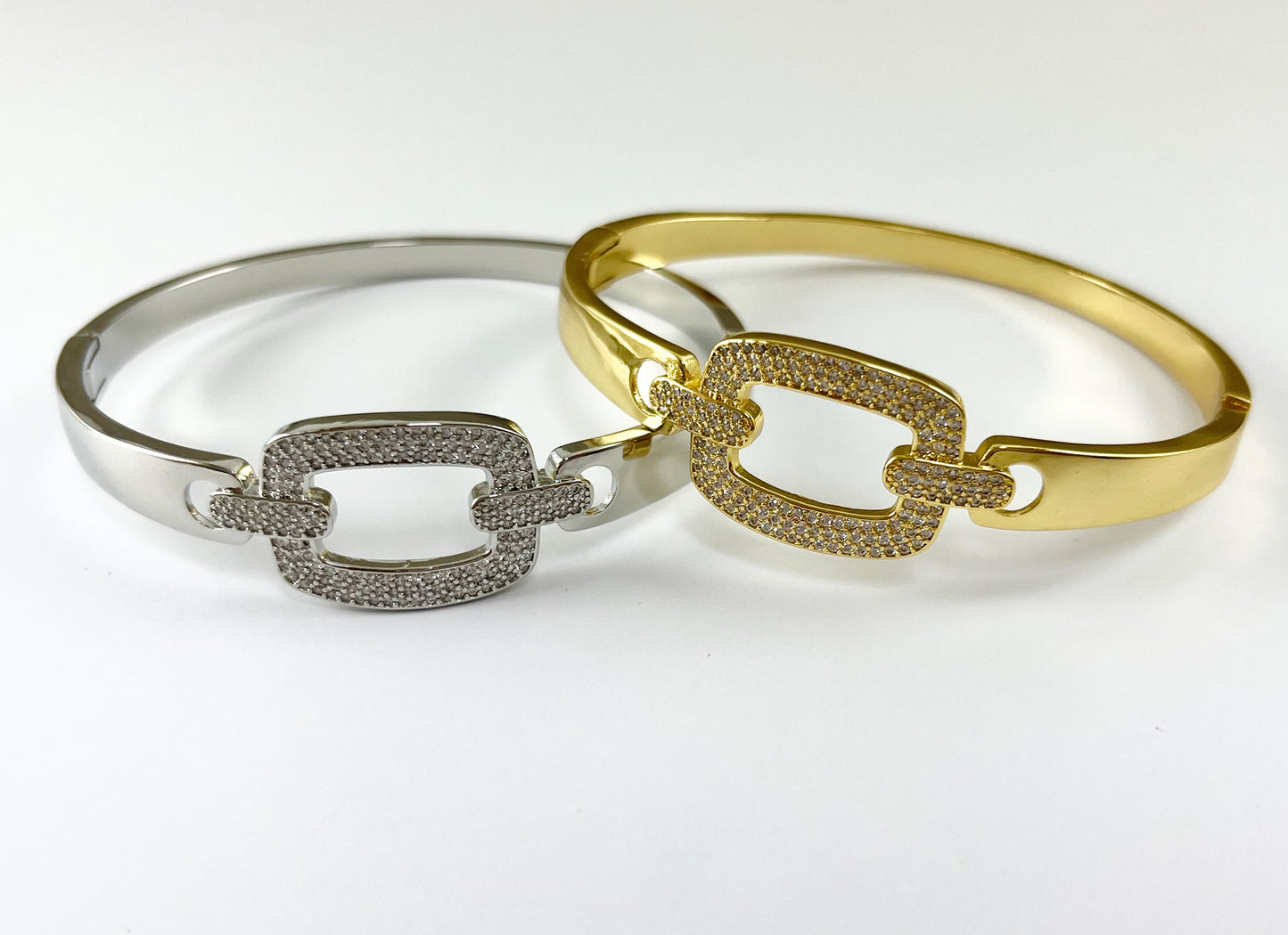 Real Gold/Platinum 18K Plated Copper CZ Pave Rectangle Belt Buckle Bracelet Cuffs 1 pc