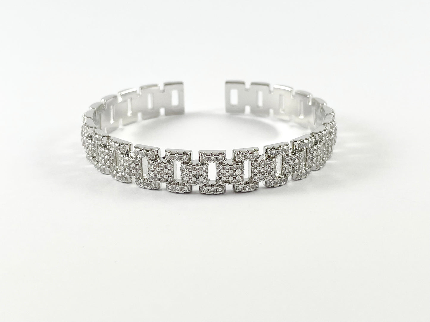 Real Gold/Platinum 18K Plated Copper CZ Pave Rhinestone Rectangle Link Trendy Bracelet Cuffs