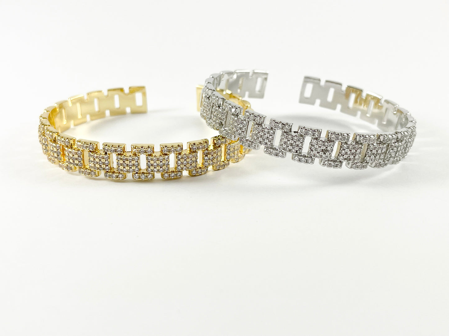 Real Gold/Platinum 18K Plated Copper CZ Pave Rhinestone Rectangle Link Trendy Bracelet Cuffs