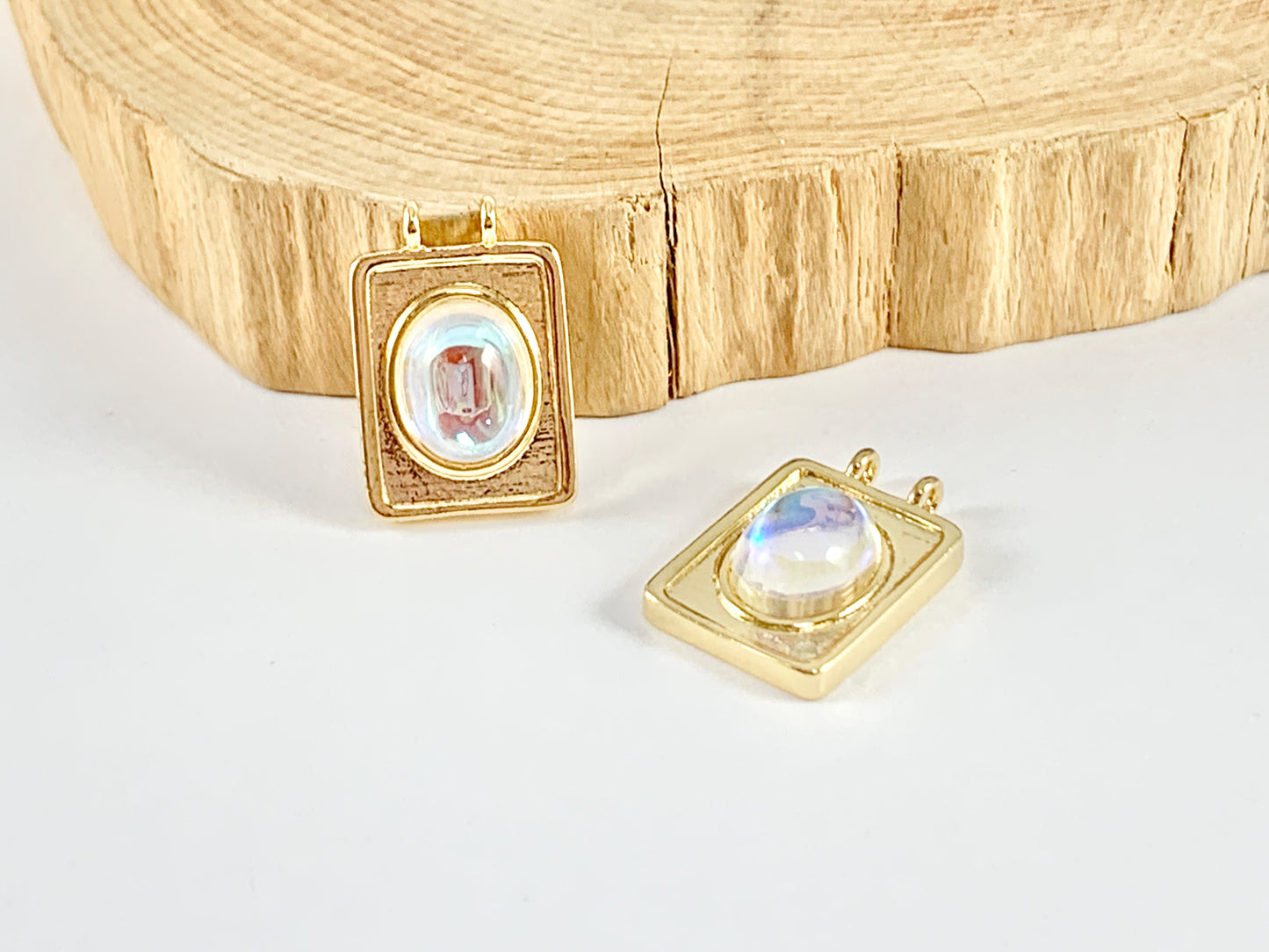 Opalite Oval AB Rectangle Pendants over 18K Gold plated Copper 6 pcs