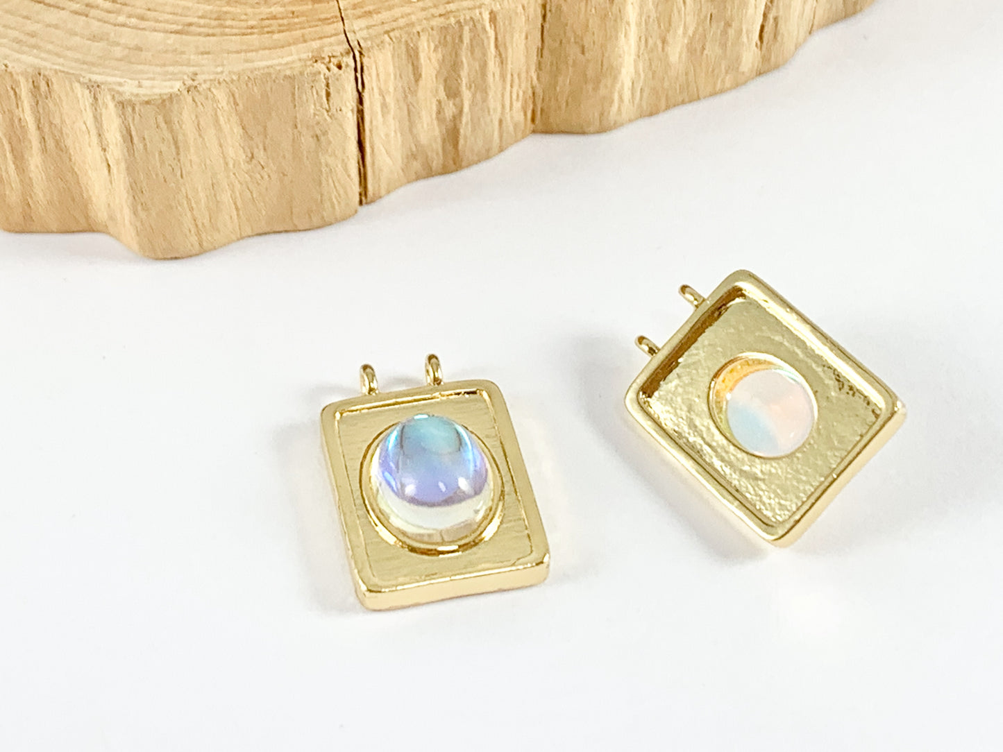 Opalite Oval AB Rectangle Pendants over 18K Gold plated Copper 6 pcs