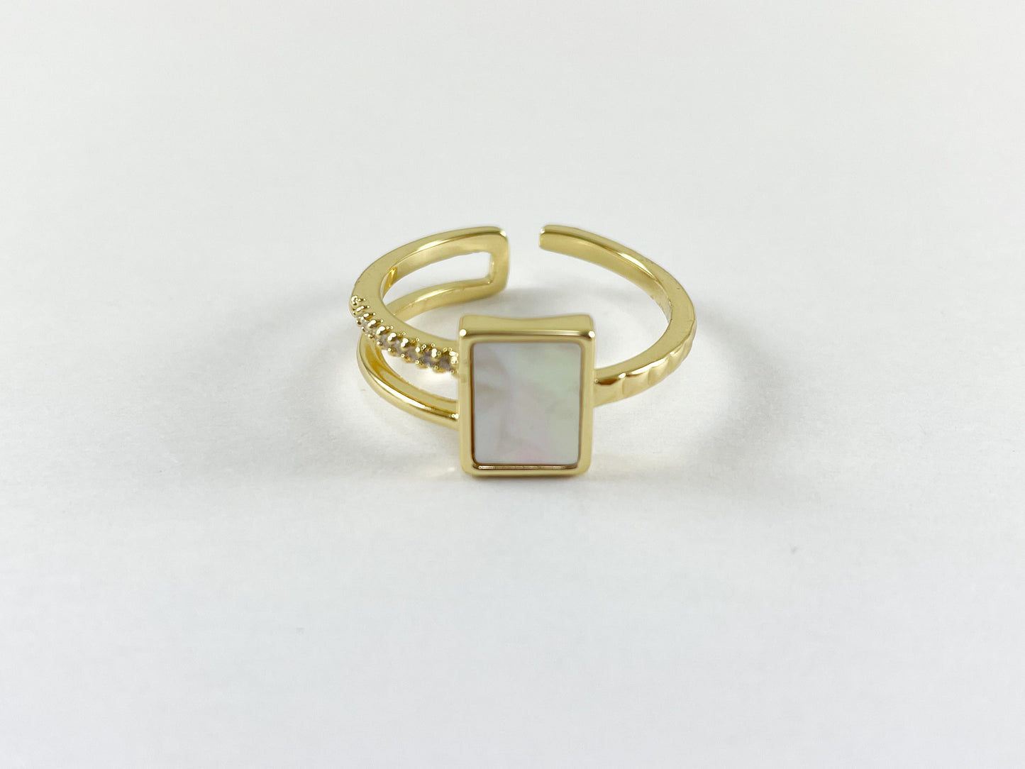 18K Gold/Silver Plated CZ Pave White Lip Shell Pearl Rectangle Double Banded Adjustable Ring 4pcs