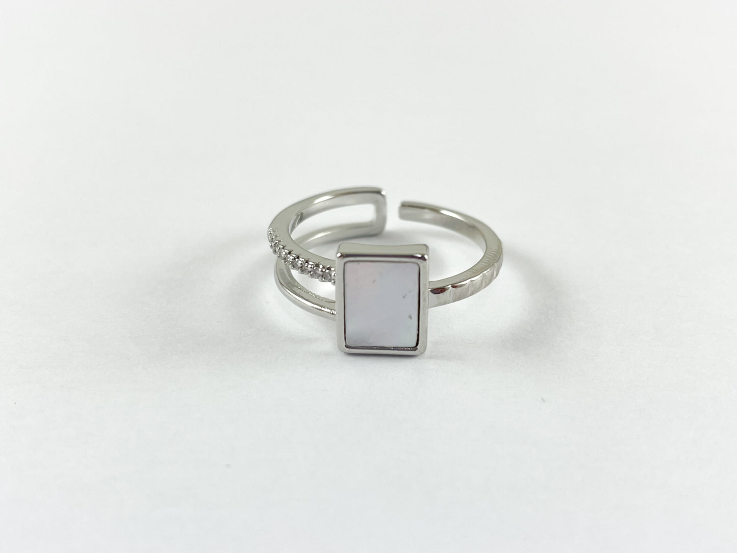 18K Gold/Silver Plated CZ Pave White Lip Shell Pearl Rectangle Double Banded Adjustable Ring 4pcs