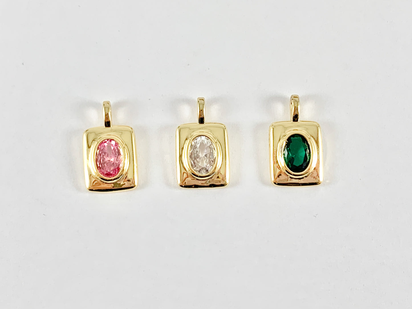 Elongated Oval Rhinestone CZ Pave Rectangle Charms in Pink Green Clear over 18K Gold plated Copper 8 pcs