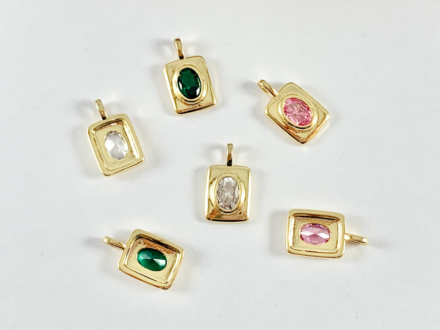 Elongated Oval Rhinestone CZ Pave Rectangle Charms in Pink Green Clear over 18K Gold plated Copper 8 pcs