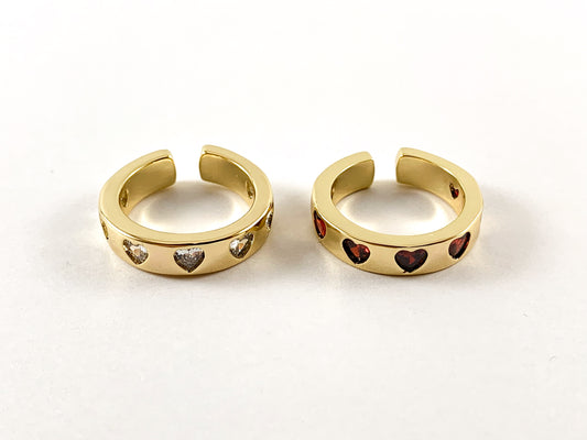 Real Gold 18K Plated CZ Pave Heart Thick Band Adjustable Ring 4pcs Size 6-6.5