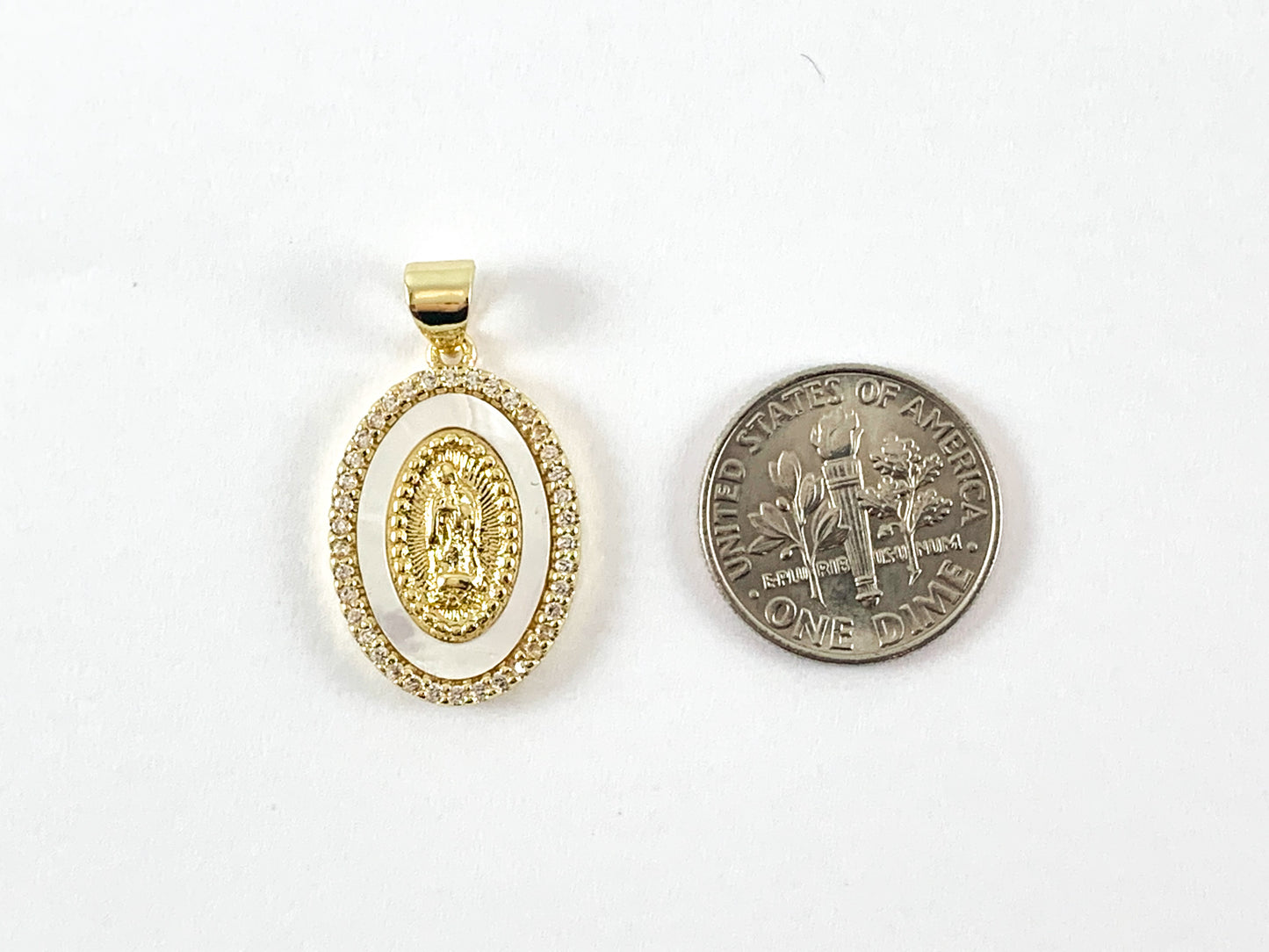Real Gold Plated 18K Micro CZ Pave White Lip Shell Coin Charm with Virgin Mary Over Copper 4pcs