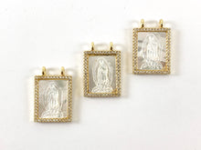 Load image into Gallery viewer, 18K Gold Plated CZ Pave Mother Pearl Shell Virgin Mary Charm Connector 3pcs
