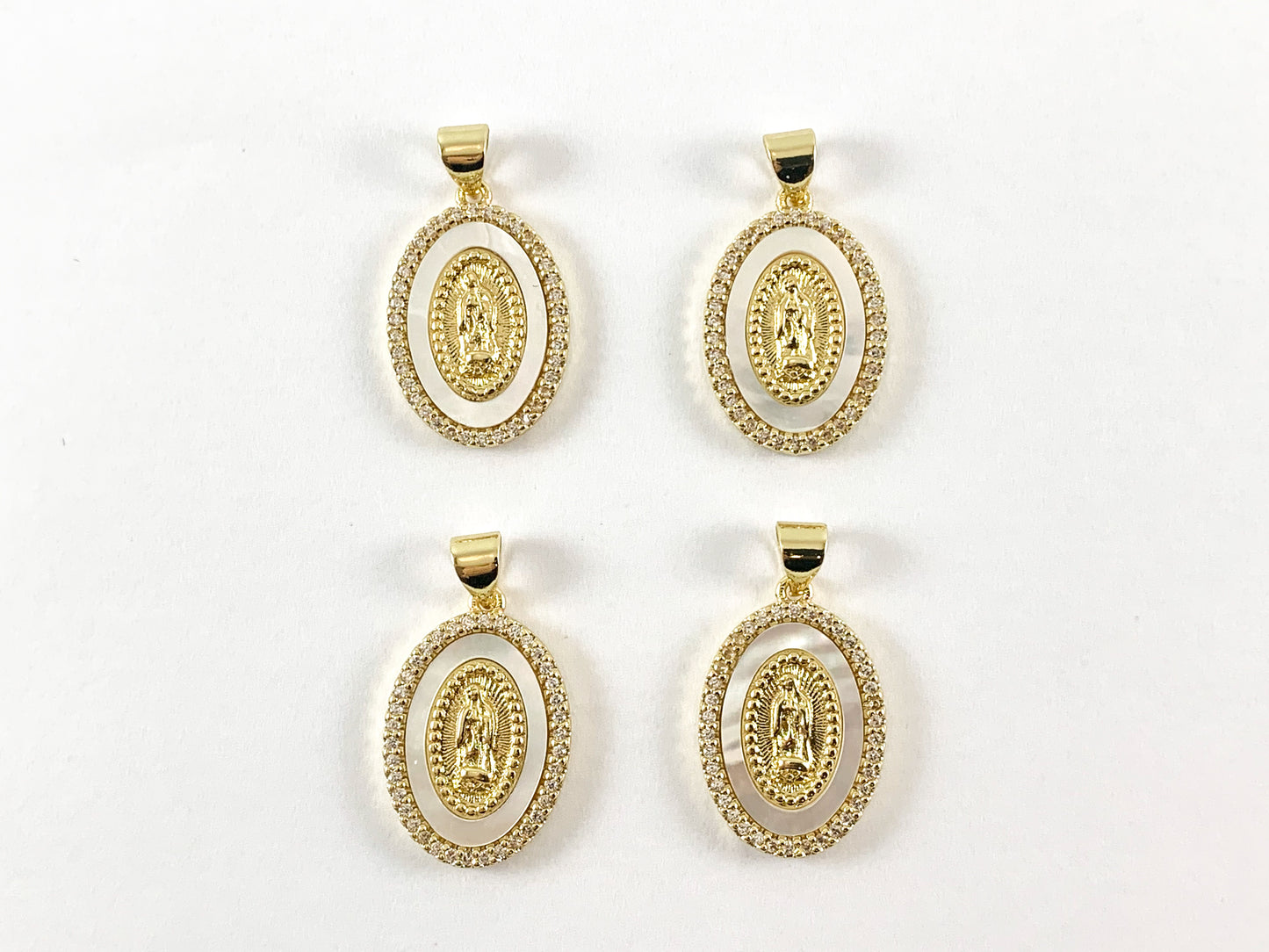 Real Gold Plated 18K Micro CZ Pave White Lip Shell Coin Charm with Virgin Mary Over Copper 4pcs