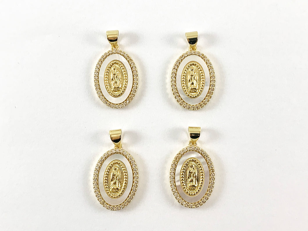 Real Gold Plated 18K Micro CZ Pave White Lip Shell Coin Charm with Virgin Mary Over Copper 4pcs