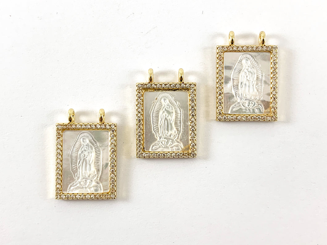 18K Gold Plated CZ Pave Mother Pearl Shell Virgin Mary Charm Connector 3pcs