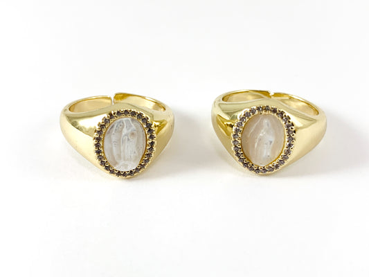 Real Gold 18K Plated CZ Pave Mother of Pearl Shell Religious Virgin Guadalupe Signet Ring 4pc