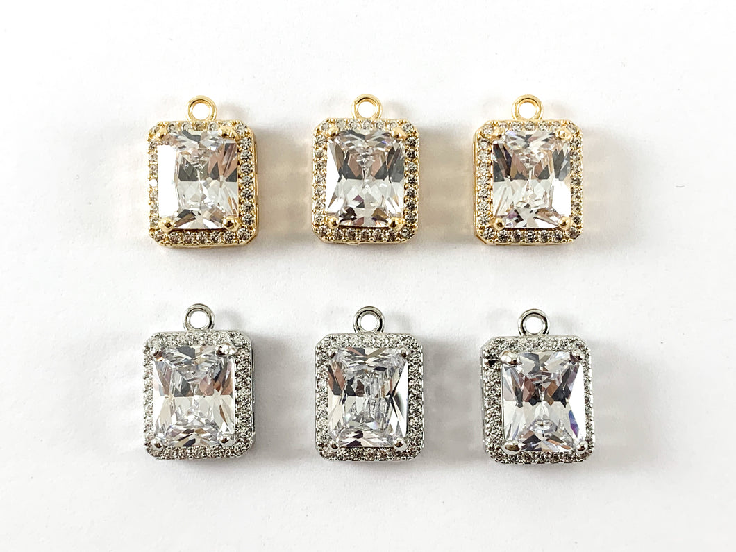 18K Gold/Silver Plated CZ Pave Rectangle Charm Over Copper 6pcs