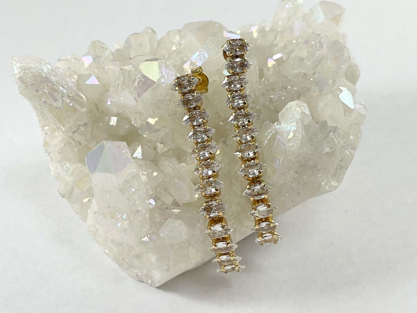 Real 18K Gold Plated CZ Pave Rhinestone Marquis Oval Box Chain Link Earring Over Copper 3 pairs