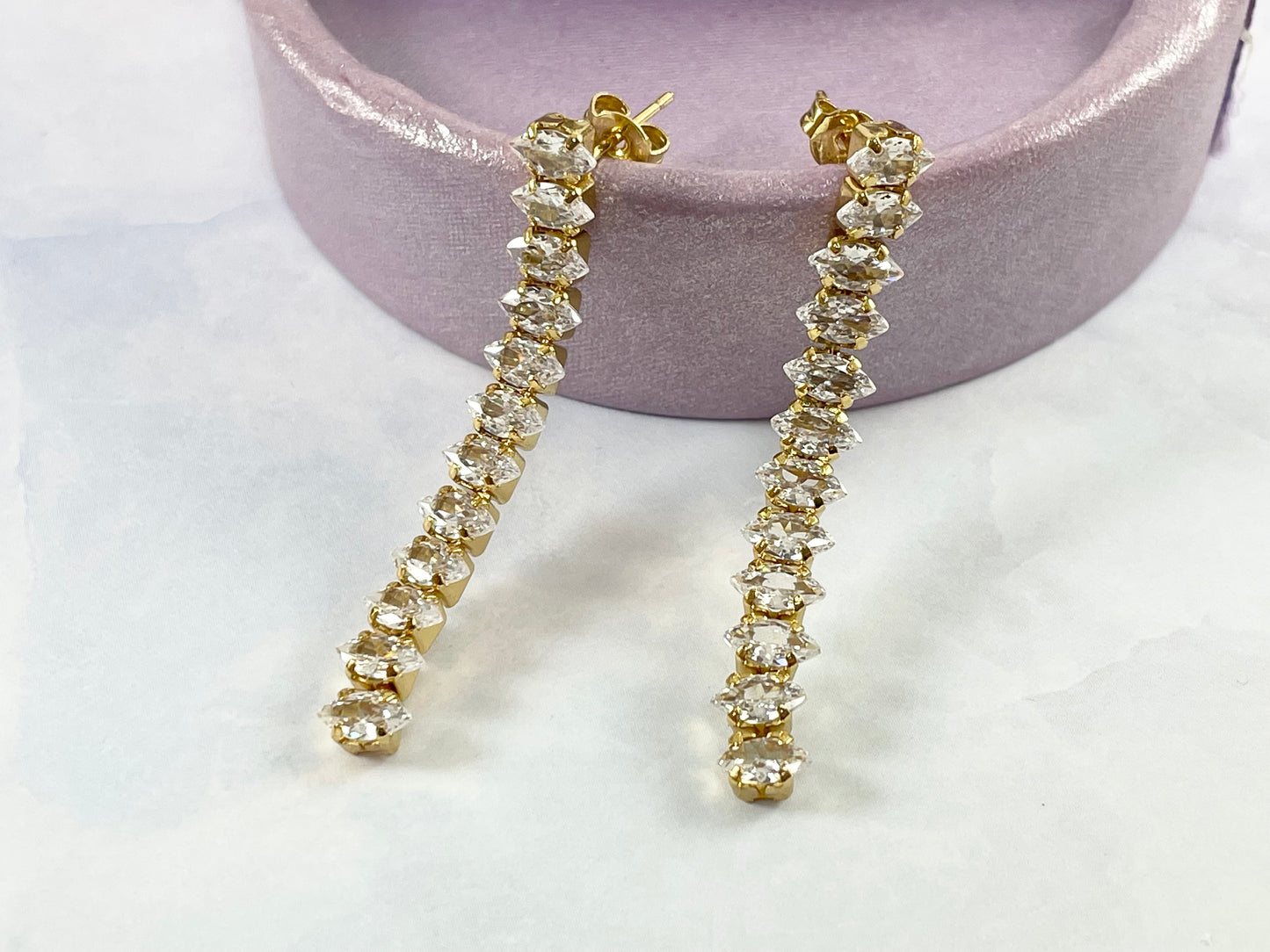 Real 18K Gold Plated CZ Pave Rhinestone Marquis Oval Box Chain Link Earring Over Copper 3 pairs