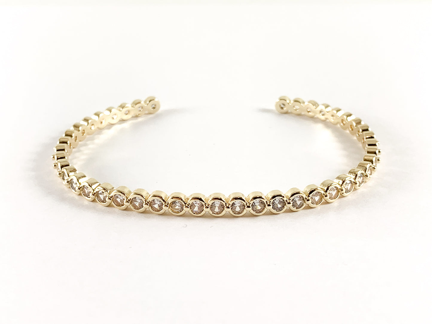 Real Gold 18K Plated Copper Minimalist Circle Coin Rhinestone CZ Pave Bracelet Cuffs/Bangles 2pcs