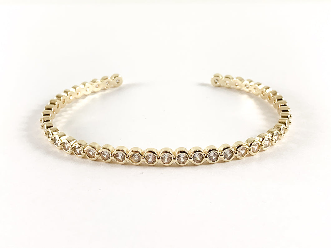 Real Gold 18K Plated Copper Minimalist Circle Coin Rhinestone CZ Pave Bracelet Cuffs/Bangles 2pcs