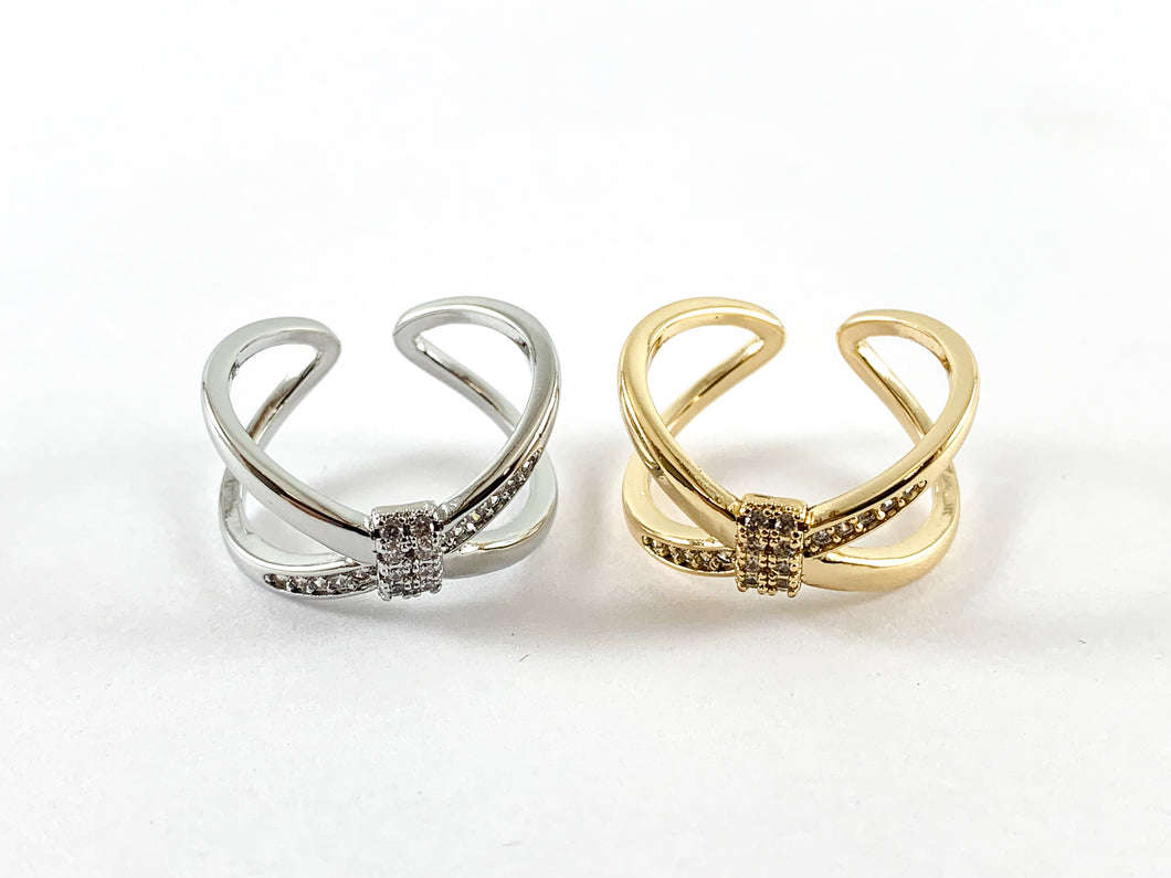 Anillo de pajarita ajustable con pavé de circonita cúbica chapado en oro real de 18 quilates y platino, 4 pares