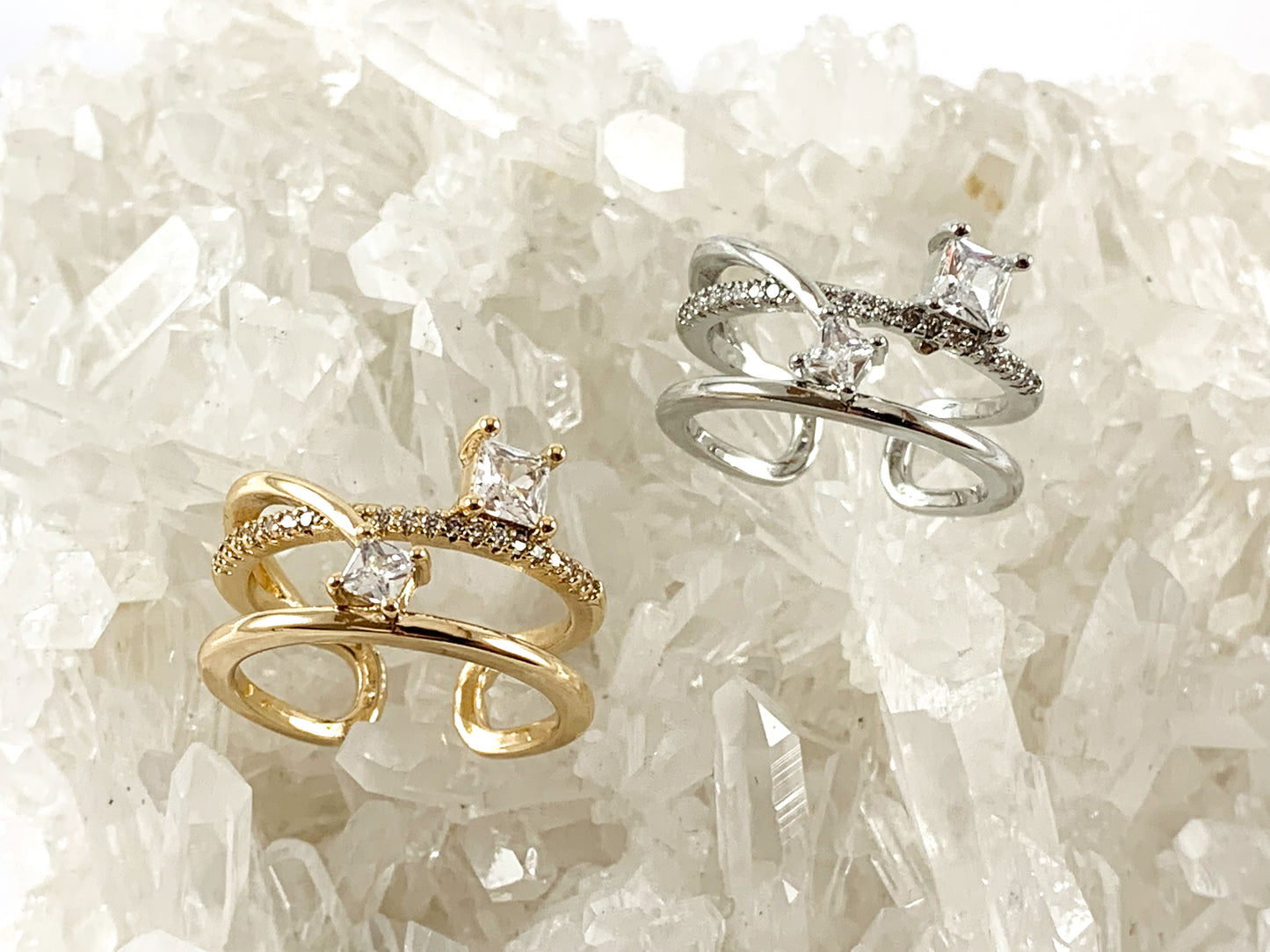 Real 18K Gold and Platinum Plated CZ Pave Adjustable Ring 4pcs