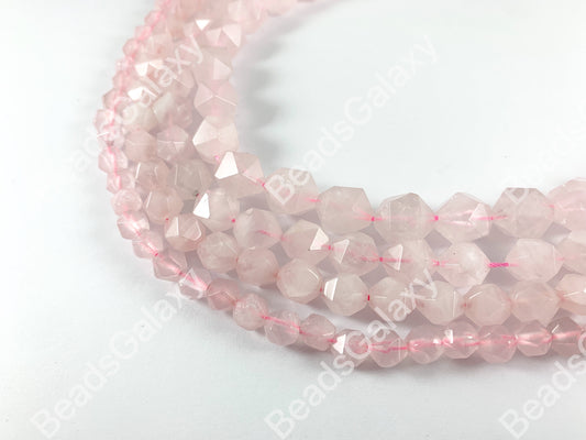 Handcut Rose Quartz Starcut Faceted Natural Gemstone Beads Around 15"