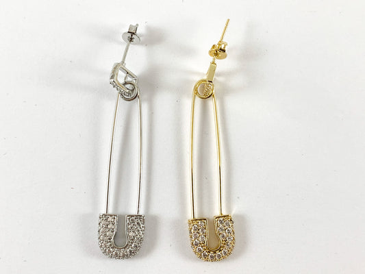 Real Gold/Platinum 18K Plated CZ Pave Safety Pin Dangle Earring 2 pairs