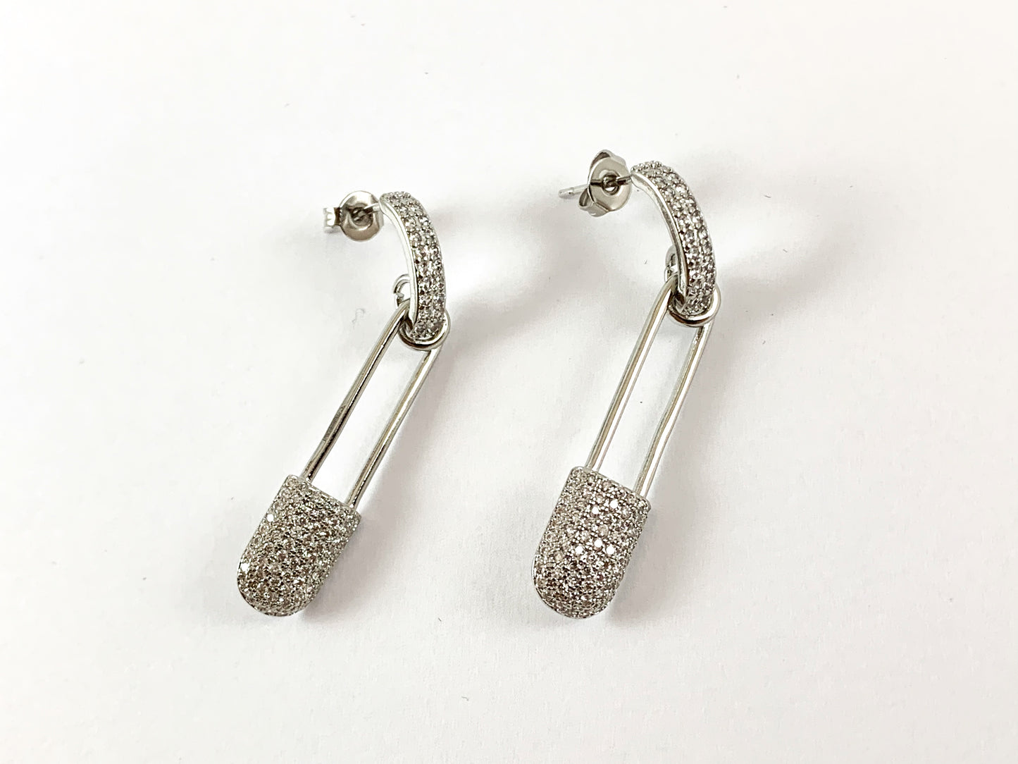 Real Gold/Platinum 18K Plated CZ Pave Safety Pin Dangle Earring 2pairs