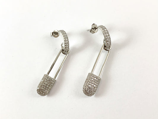 Real Gold/Platinum 18K Plated CZ Pave Safety Pin Dangle Earring 2pairs