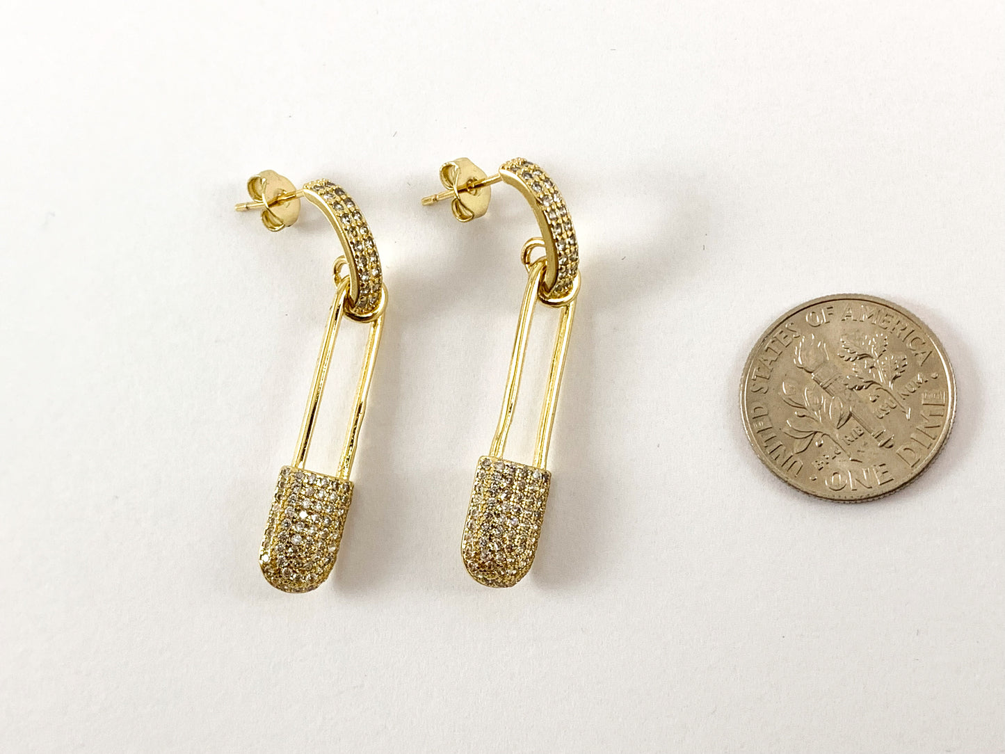 Real Gold/Platinum 18K Plated CZ Pave Safety Pin Dangle Earring 2pairs