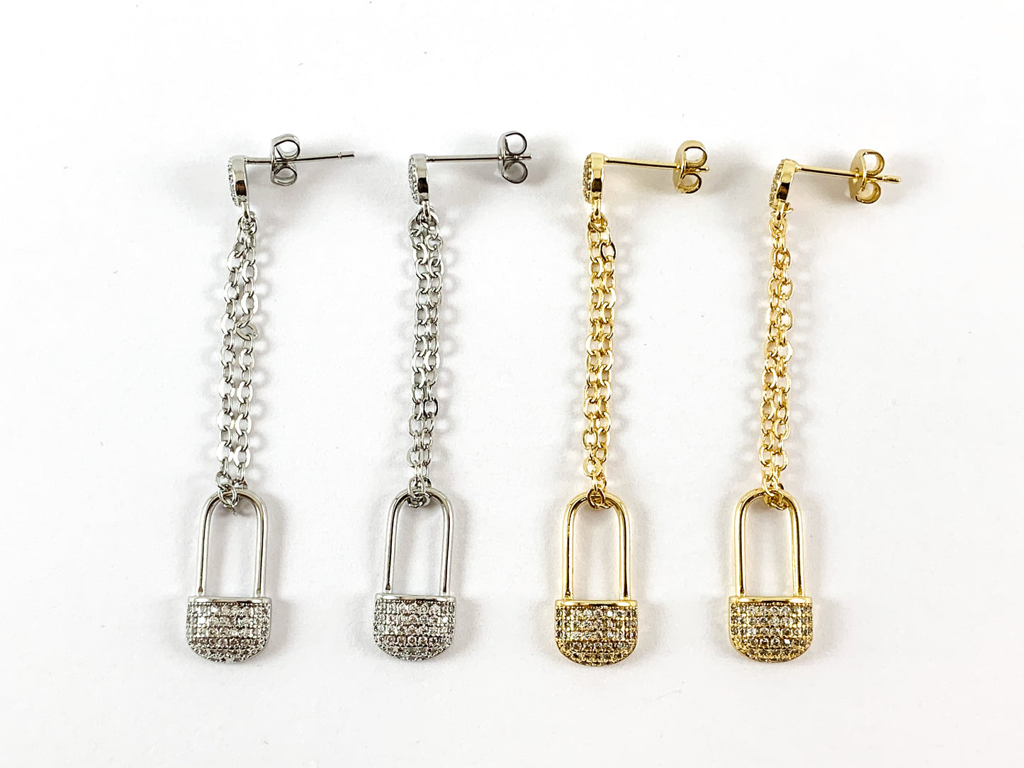 Real Gold/Platinum 18K Plated CZ Pave Safety Pin Dangle Earring 2pairs