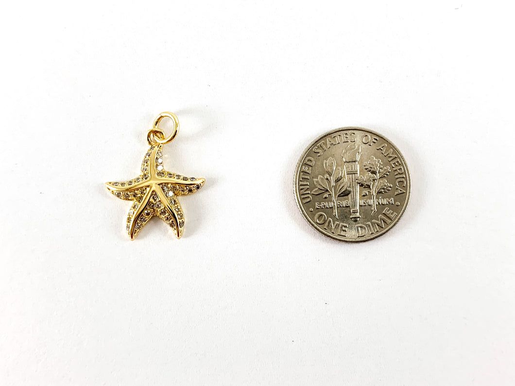 Real Gold 18K Plated Micro CZ Starfish Pave Charm Over Brass 6pcs