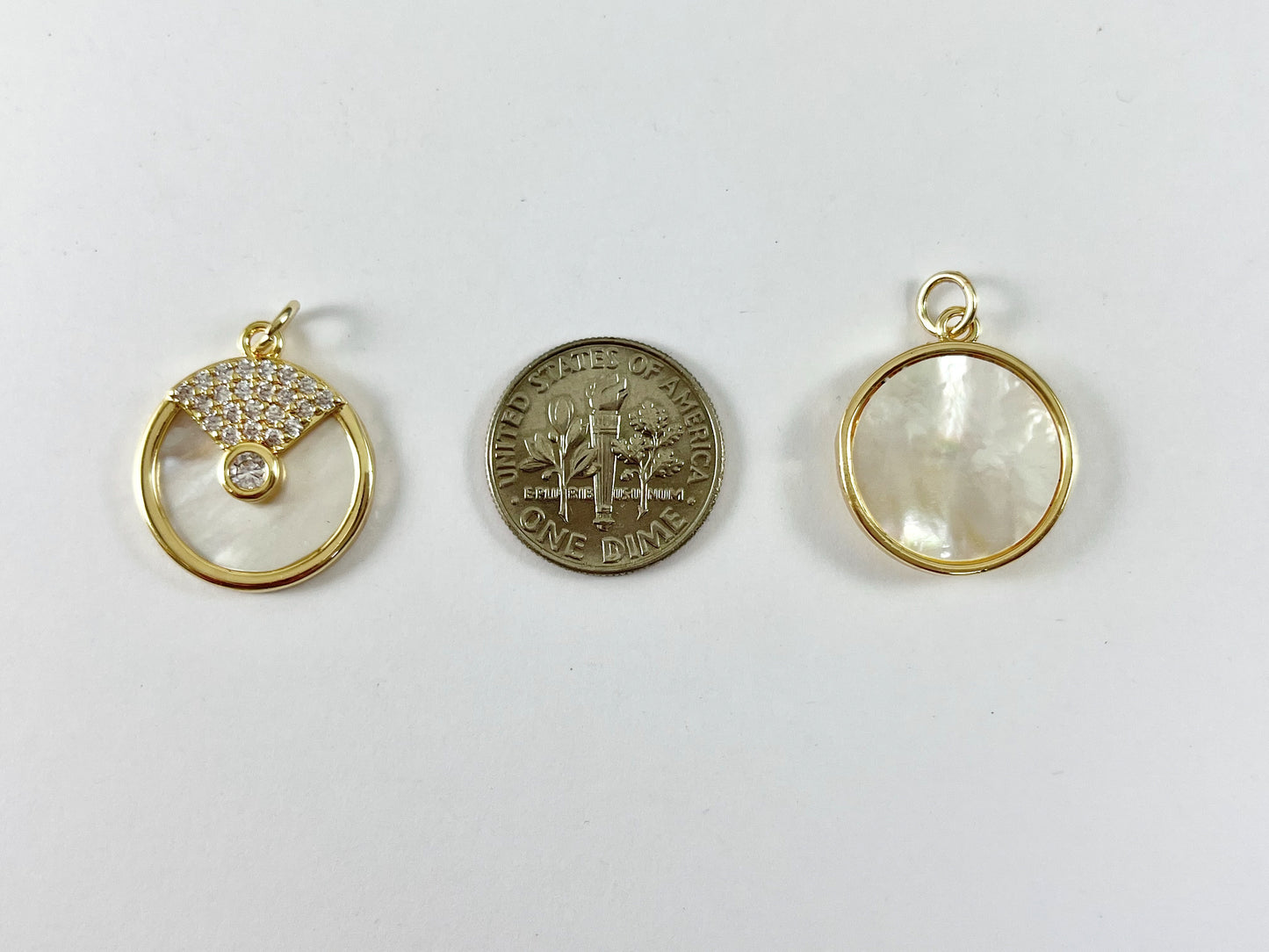 18K Real Gold Plated Micro CZ Pave White Lip Shell Circle Coin Charm Pendant Over Copper 6pcs