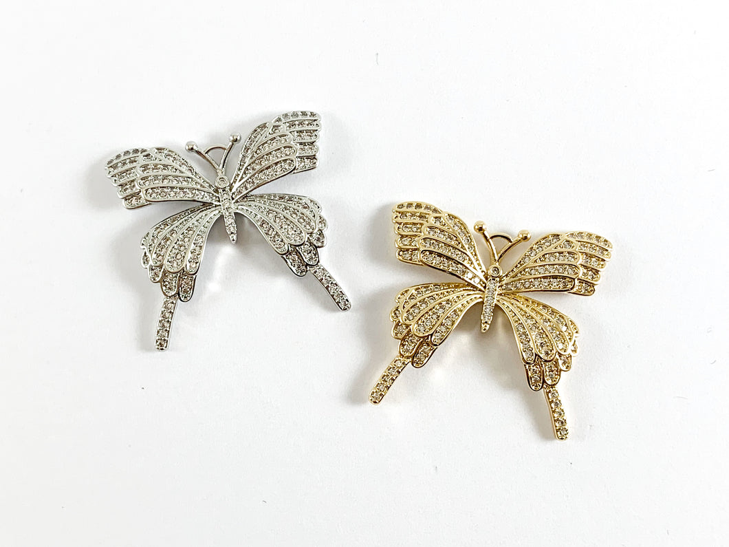 Colgante con pavé de mariposa micro CZ chapado en oro real/platino de 18 quilates sobre latón, 3 piezas