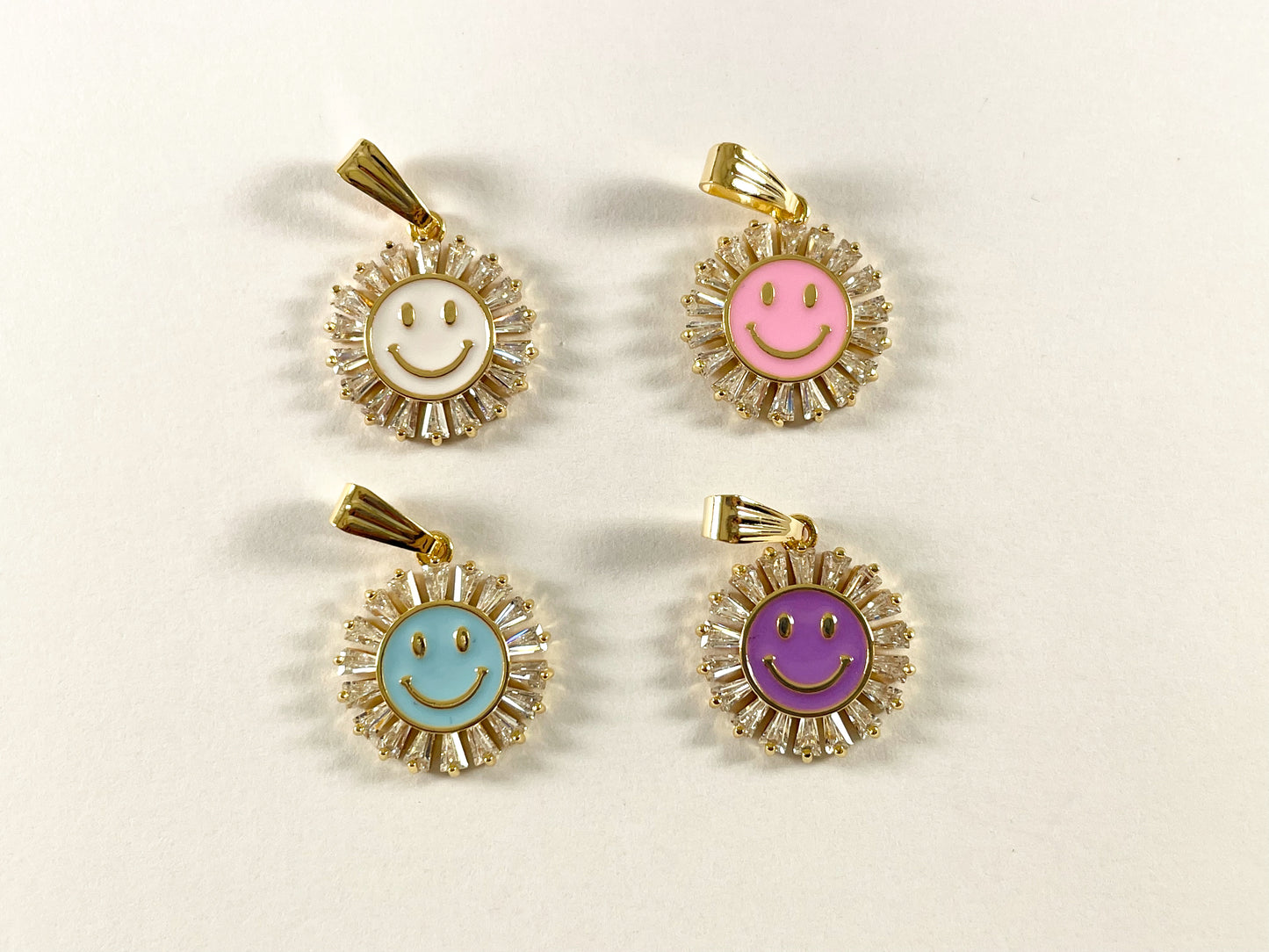 Real 18K Gold Plated CZ Pave Baguette Enamel Pastel Smiley Face Charm Pendant Over Brass 6pcs