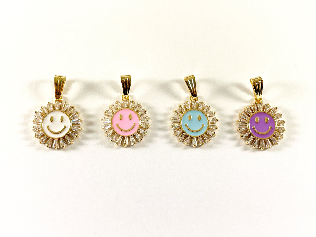 Real 18K Gold Plated CZ Pave Baguette Enamel Pastel Smiley Face Charm Pendant Over Brass 6pcs